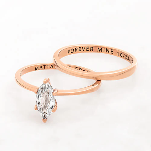 14K Rose Gold over Sterling Marquise White Topaz 2-Piece Engraved Wedding Ring Set - Image 4