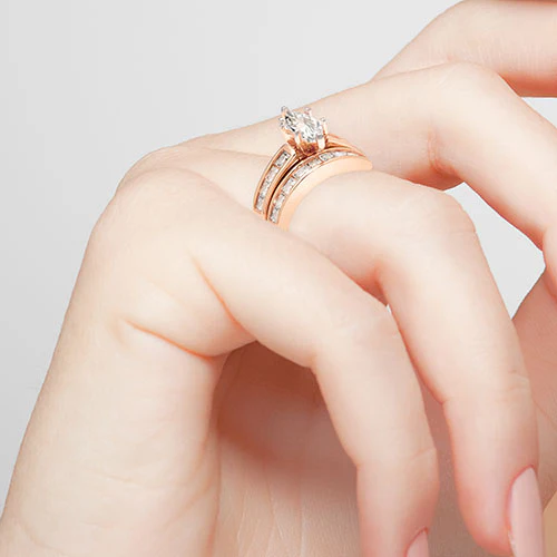 14K Rose Gold over Sterling Marquise White Topaz 2 Piece Engraved Wedding Set - Image 3