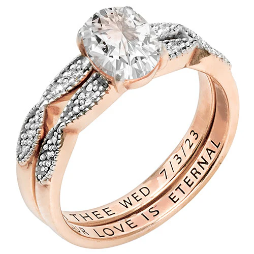 14K Rose Gold over Sterling Oval White Topaz Diamond Accent 2-Piece Engraved Wedding Ring Set - Image 3