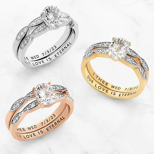 14K Rose Gold over Sterling Oval White Topaz Diamond Accent 2-Piece Engraved Wedding Ring Set - Image 5
