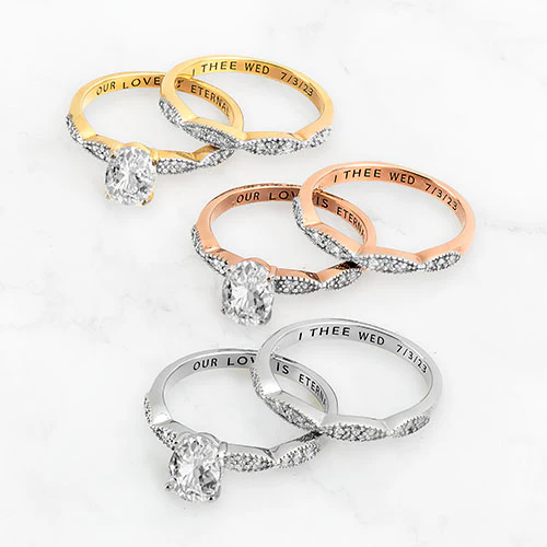 14K Rose Gold over Sterling Oval White Topaz Diamond Accent 2-Piece Engraved Wedding Ring Set - Image 6