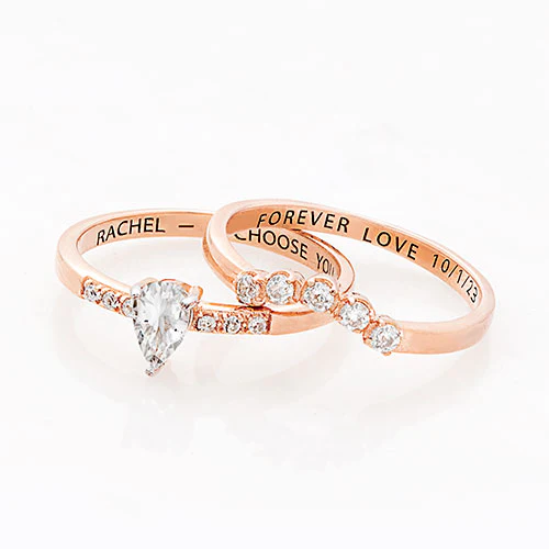 14K Rose Gold over Sterling Pear White Topaz 2 Piece Engraved Wedding Set - Image 4
