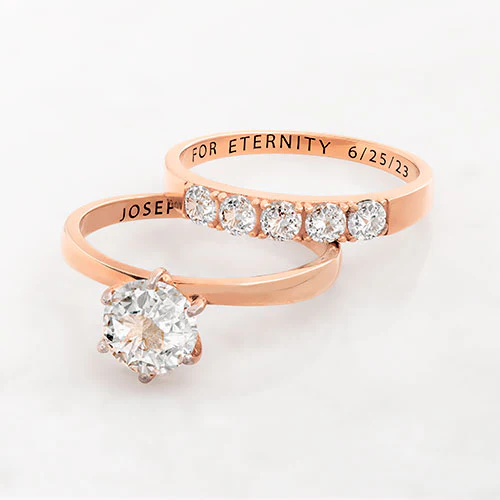 14K Rose Gold over Sterling Round White Topaz 2-Piece Engraved Wedding Ring Set - Image 4
