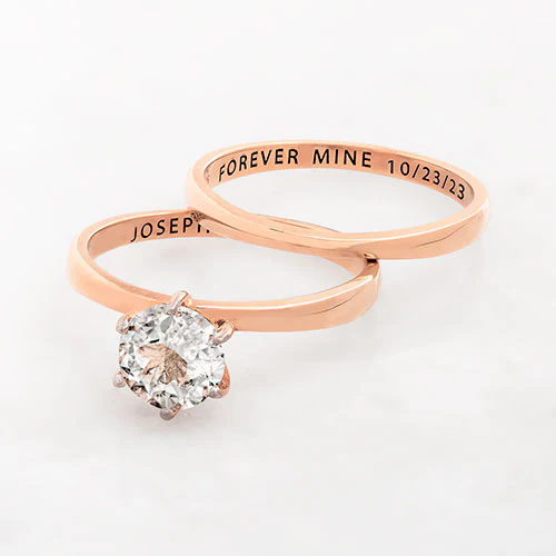 14K Rose Gold over Sterling Round White Topaz 2-Piece Engraved Wedding Ring Set - Image 4