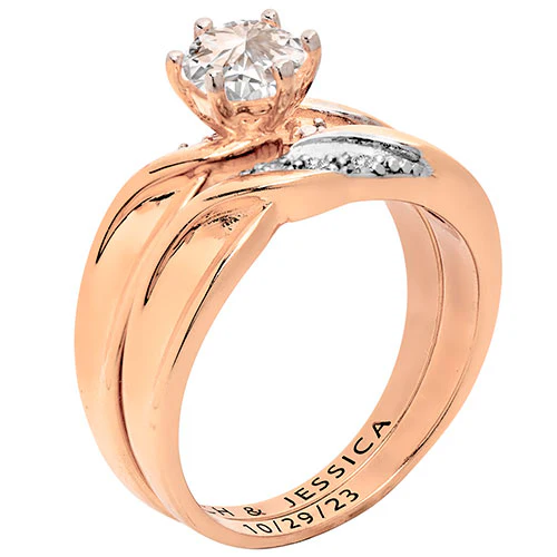 14K Rose Gold over Sterling Round White Topaz Diamond Accent 2-Piece Engraved Wedding Ring Set - Image 2