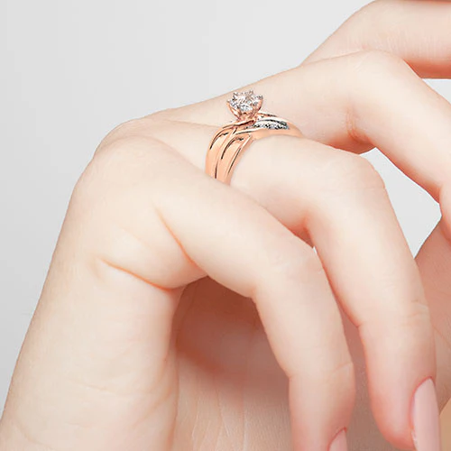 14K Rose Gold over Sterling Round White Topaz Diamond Accent 2-Piece Engraved Wedding Ring Set - Image 3