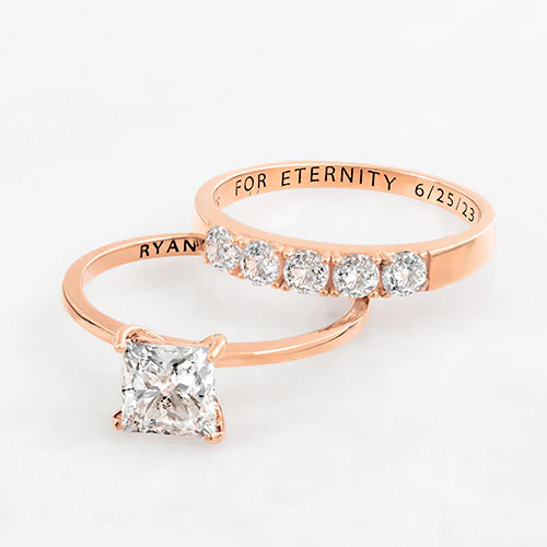 14K Rose Gold over Sterling  Square White Topaz 2-Piece Engraved Wedding Ring Set - Image 4