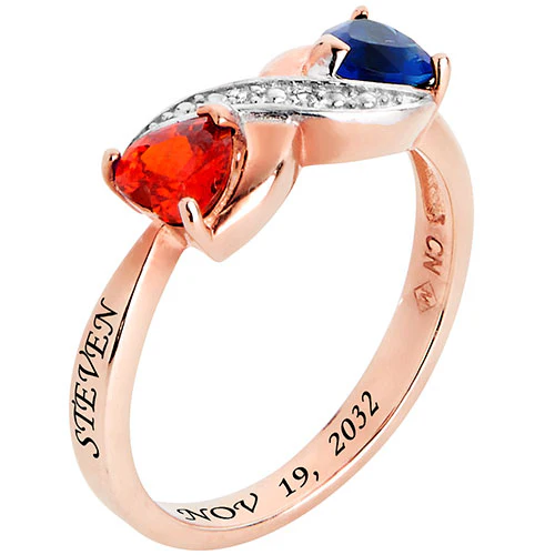 14K Rose Gold Plated Couple's Birthstone Heart Infinity Diamond Accent Ring - Image 2