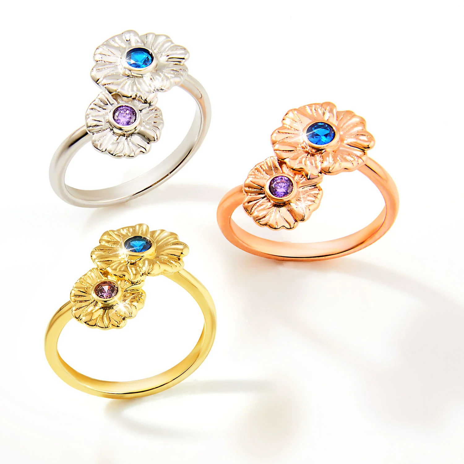 14K Rose Gold Plated Double Flower Birthstone Ring - Image 3