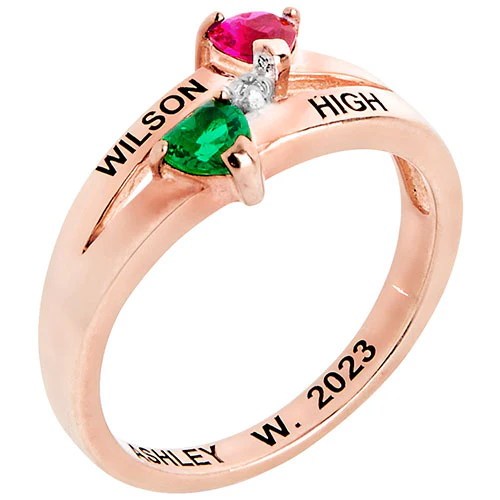 14K Rose Gold Plated Double Birthstone Heart Diamond Accent Class Ring - Image 2