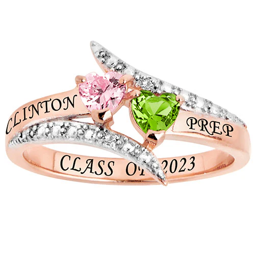 14K Rose Gold Plated Double Heart Birthstone Bypass Diamond Accent Class Ring