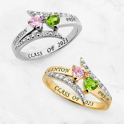 14K Rose Gold Plated Double Heart Birthstone Bypass Diamond Accent Class Ring - Image 4