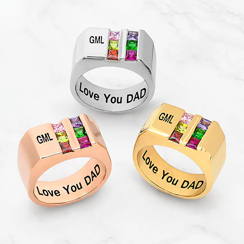 14K Rose Gold Plated Engraved Double Row Birthstones Signet Ring - Image 4