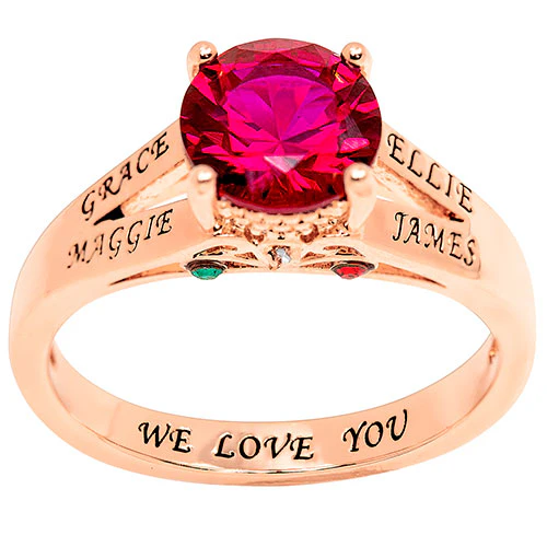 14K Rose Gold Plated Engraved Family Birthstone with Diamond Accent Ring