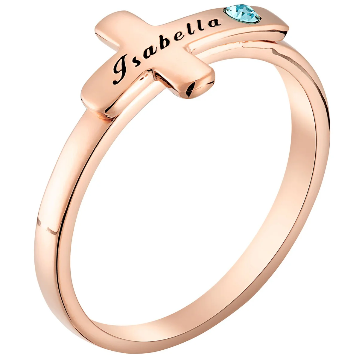 14K Rose Gold Plated Engraved Name and Birthstone Cross Ring - Image 2