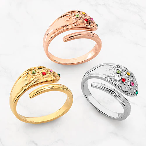 14K Rose Gold Plated Family Birthstone Bypass Spoon Ring - Image 4