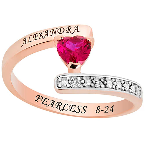 14K Rose Gold Plated Heart Birthstone Bypass Diamond Accent Class Ring
