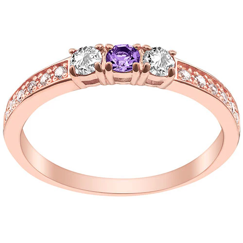 14K Rose Gold Plated Simulated Amethyst and Clear Crystal 3-Stone Ring