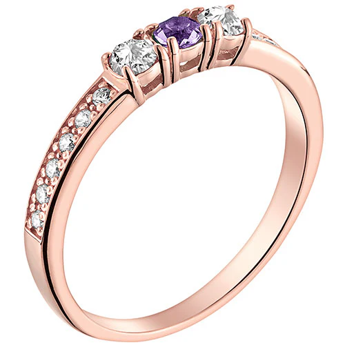 14K Rose Gold Plated Simulated Amethyst and Clear Crystal 3-Stone Ring - Image 2
