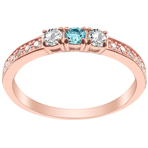 14K Rose Gold Plated Simulated Blue Topaz and Clear Crystal 3-Stone Ring