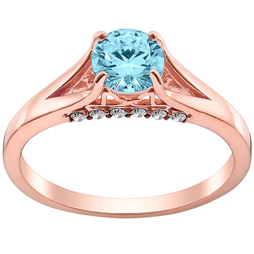 14K Rose Gold Plated Simulated Blue Topaz and Clear Crystal Ring