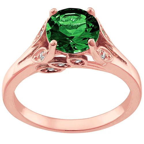 14K Rose Gold Plated Simulated Emerald with Clear Crystal Leaves Ring