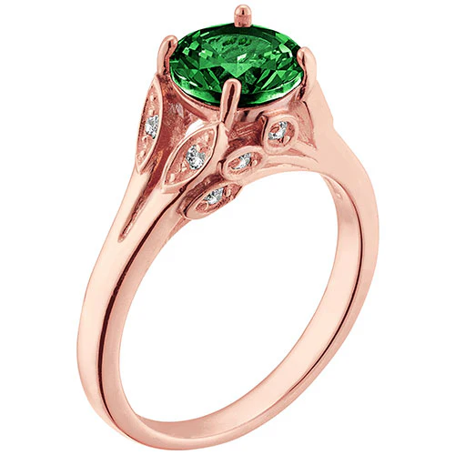 14K Rose Gold Plated Simulated Emerald with Clear Crystal Leaves Ring - Image 2