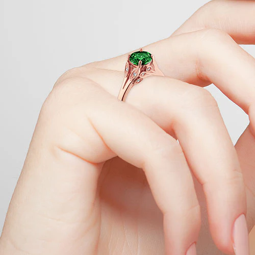 14K Rose Gold Plated Simulated Emerald with Clear Crystal Leaves Ring - Image 3