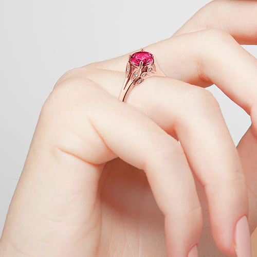 14K Rose Gold Plated Simulated Ruby with Clear Crystal Leaves Ring - Image 3