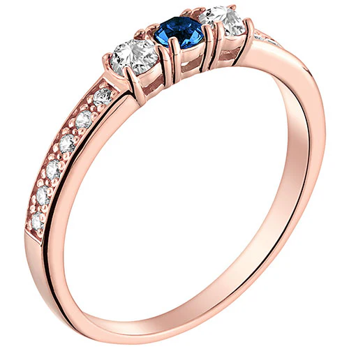 14K Rose Gold Plated Simulated Sapphire and Clear Crystal 3-Stone Ring - Image 2