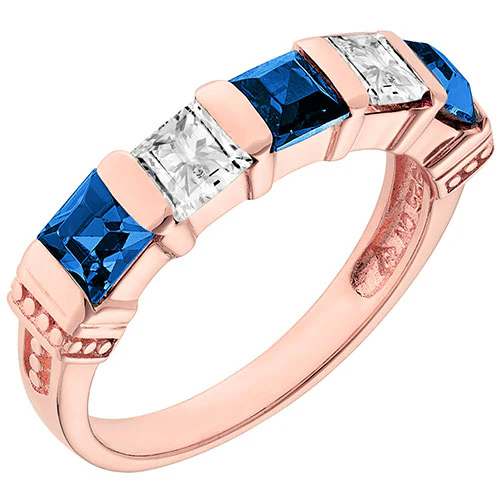 14K Rose Gold Plated Simulated Sapphire and Clear Crystal 5 Stone Ring - Image 2