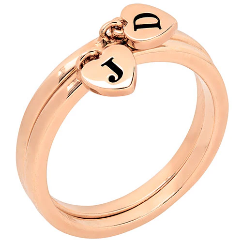14K Rose Gold Plated Stackable Initial Heart Charm Ring - Set of 2 - Image 3