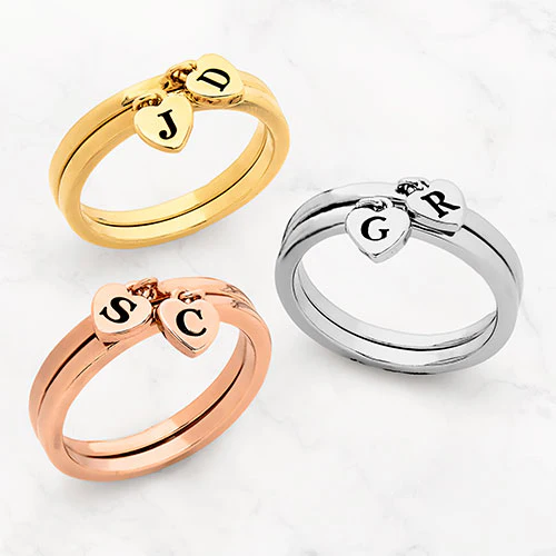 14K Rose Gold Plated Stackable Initial Heart Charm Ring - Set of 2 - Image 5