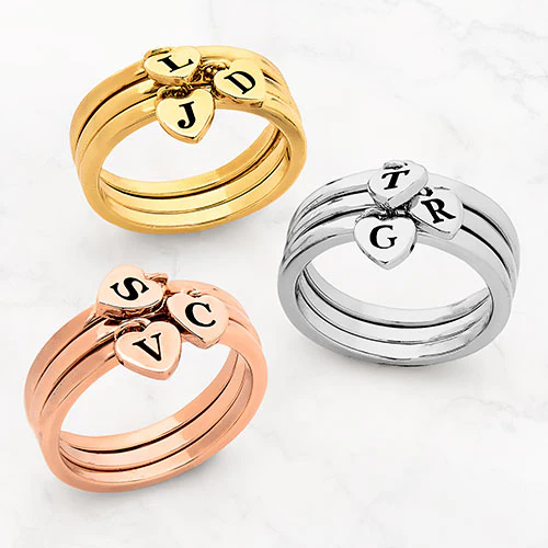 14K Rose Gold Plated Stackable Initial Heart Charm Ring - Set of 3 - Image 5