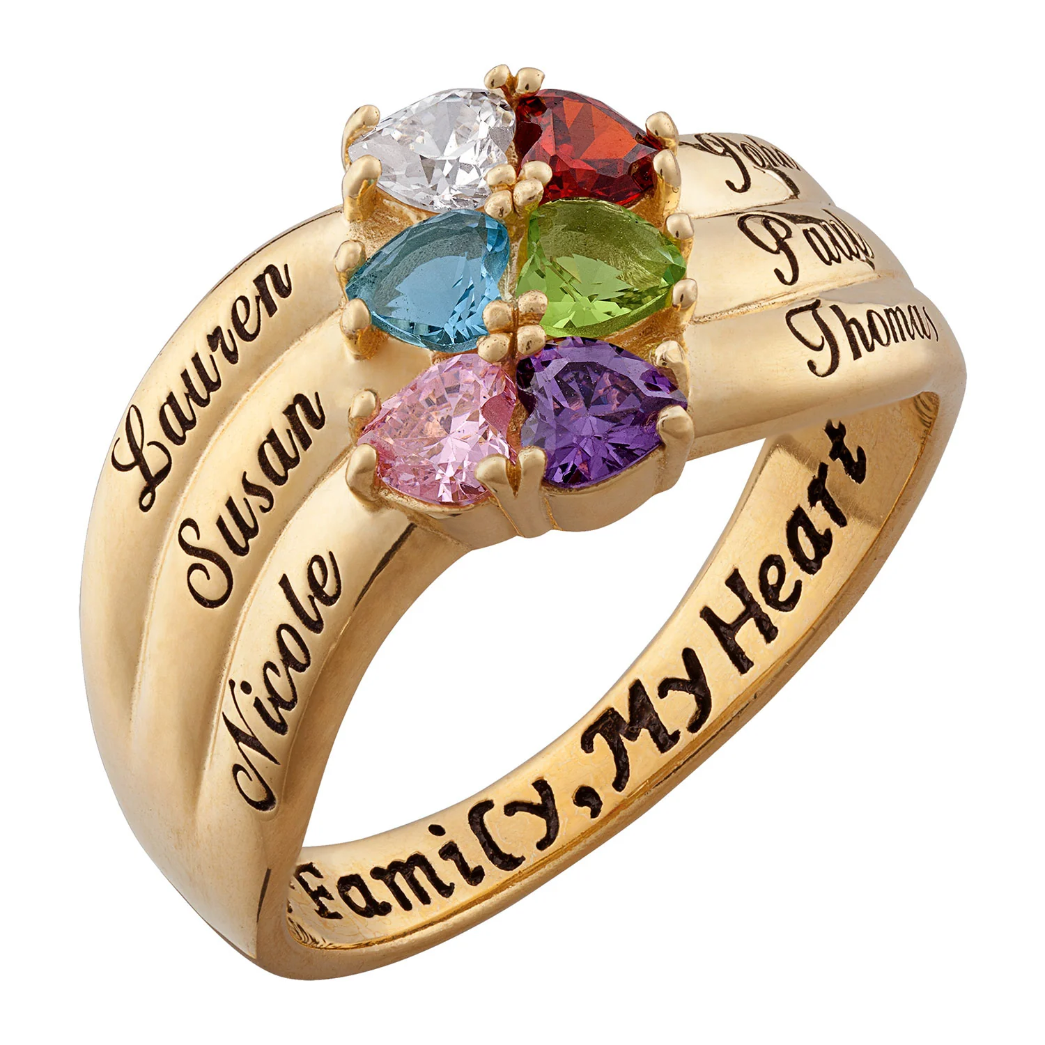 18K Gold Over Sterling Heart-Shaped Birthstone & Name Family Ring - Image 2