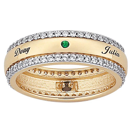 18K Gold over Sterling Mother's Name & Birthstone Band with CZ Edging