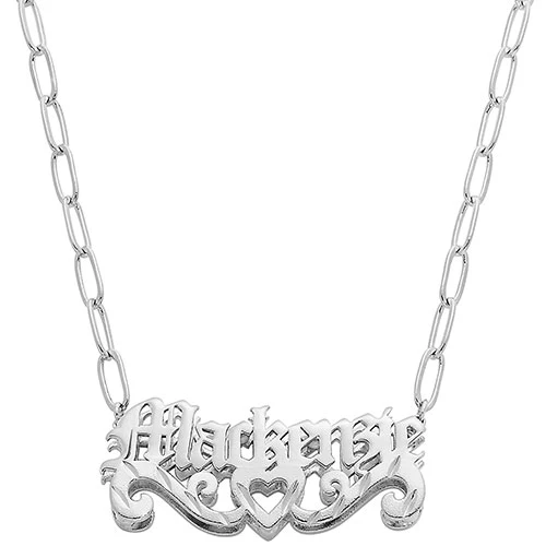 3-D Old English Name Plaque with Diamond Cut Heart Scroll Necklace - Image 2