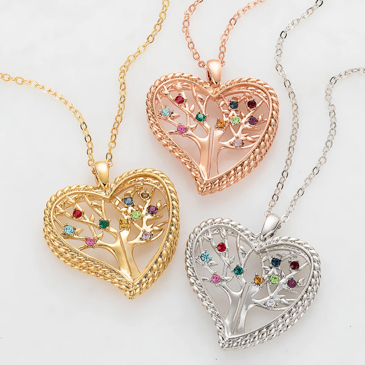3D Angle Heart Tree of Life with Birthstone Rope Necklace