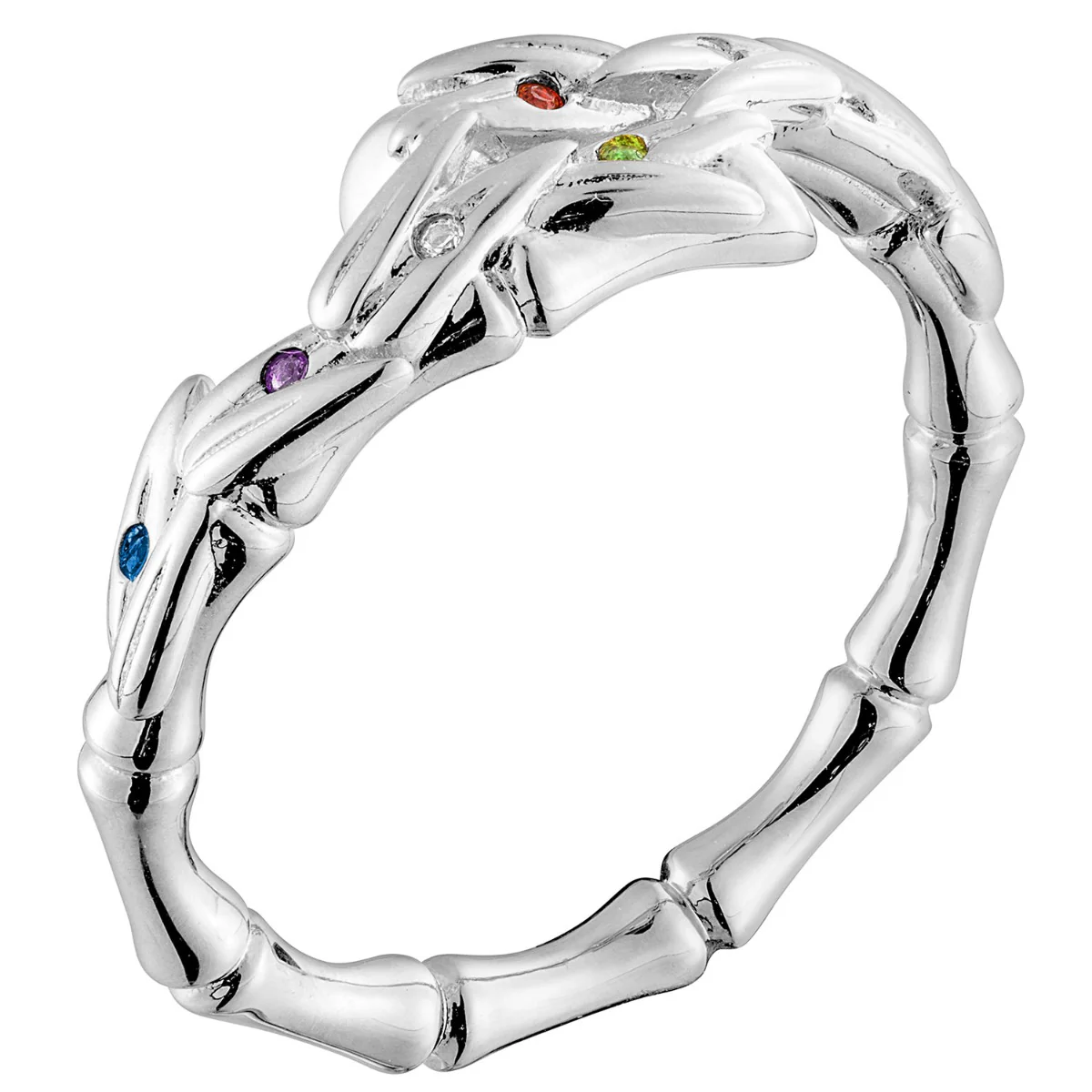 Bamboo with Birthstones Bypass Ring Silver Plated - Image 2