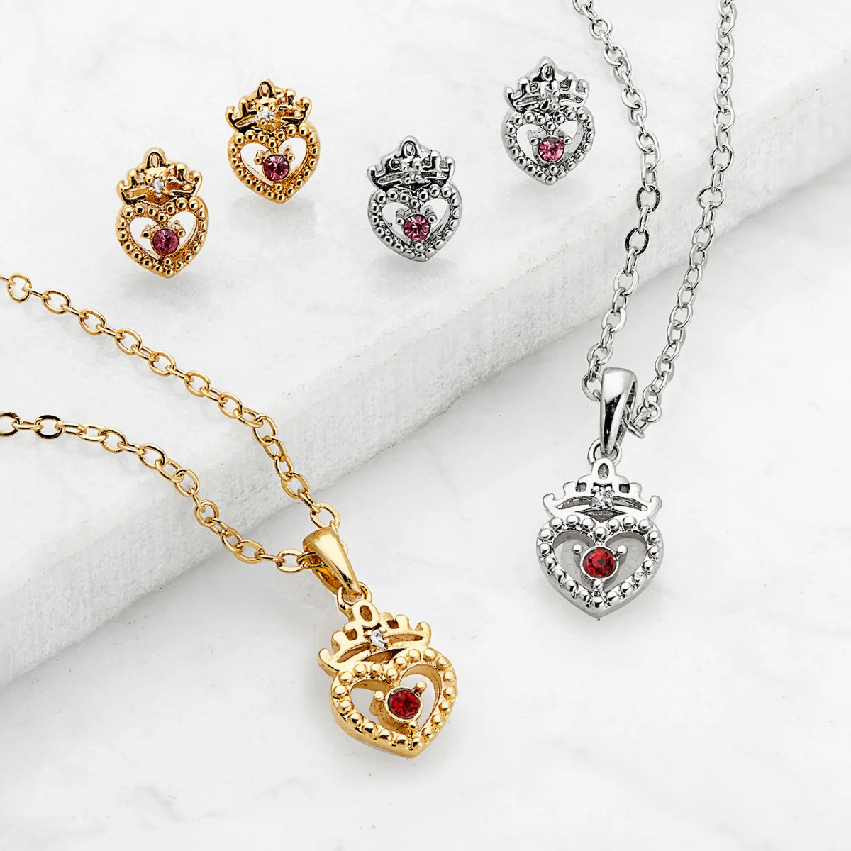 Crown Heart Birthstone and Diamond Necklace and Earring Set