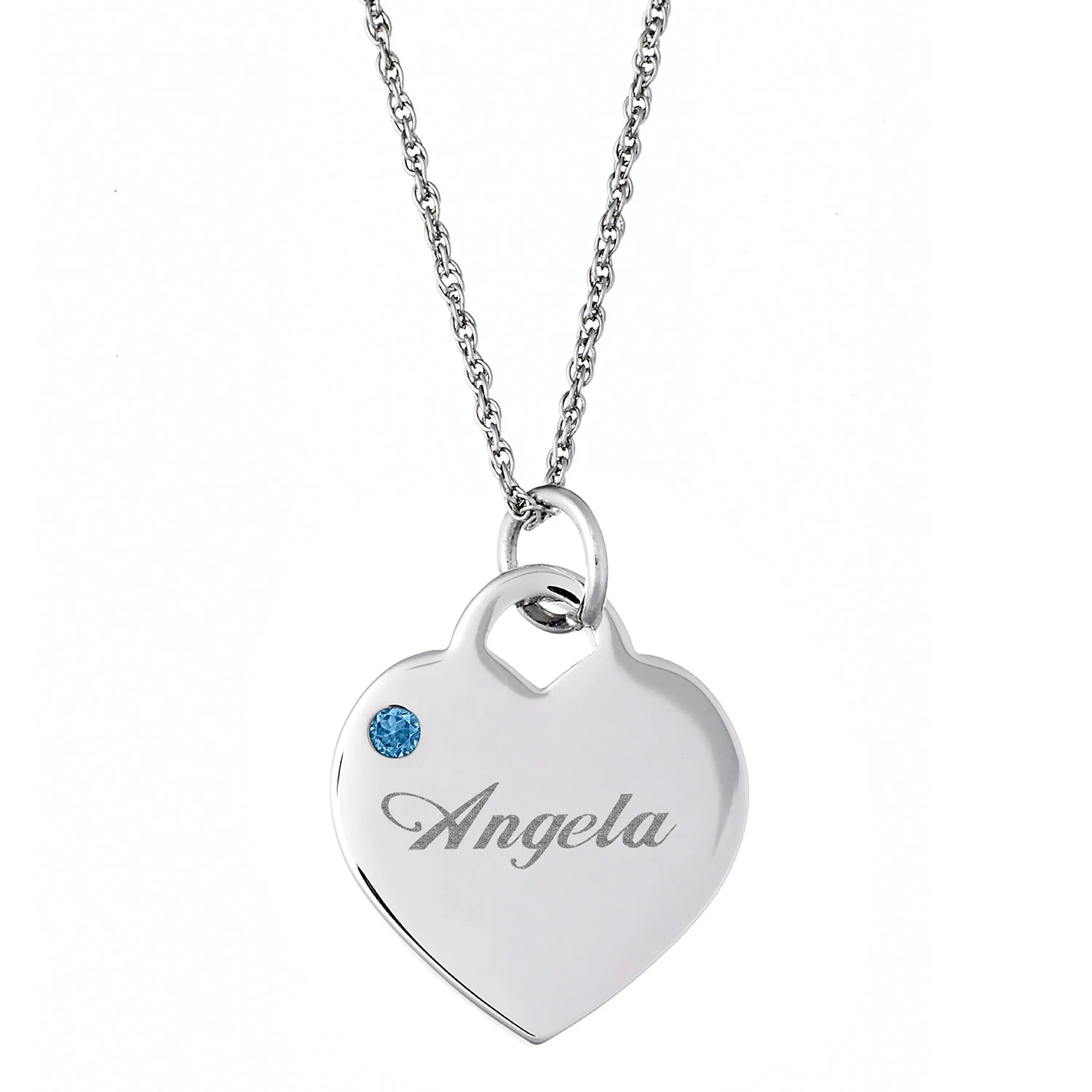 Engraved Silver Tone Birthstone Heart Charm Necklace