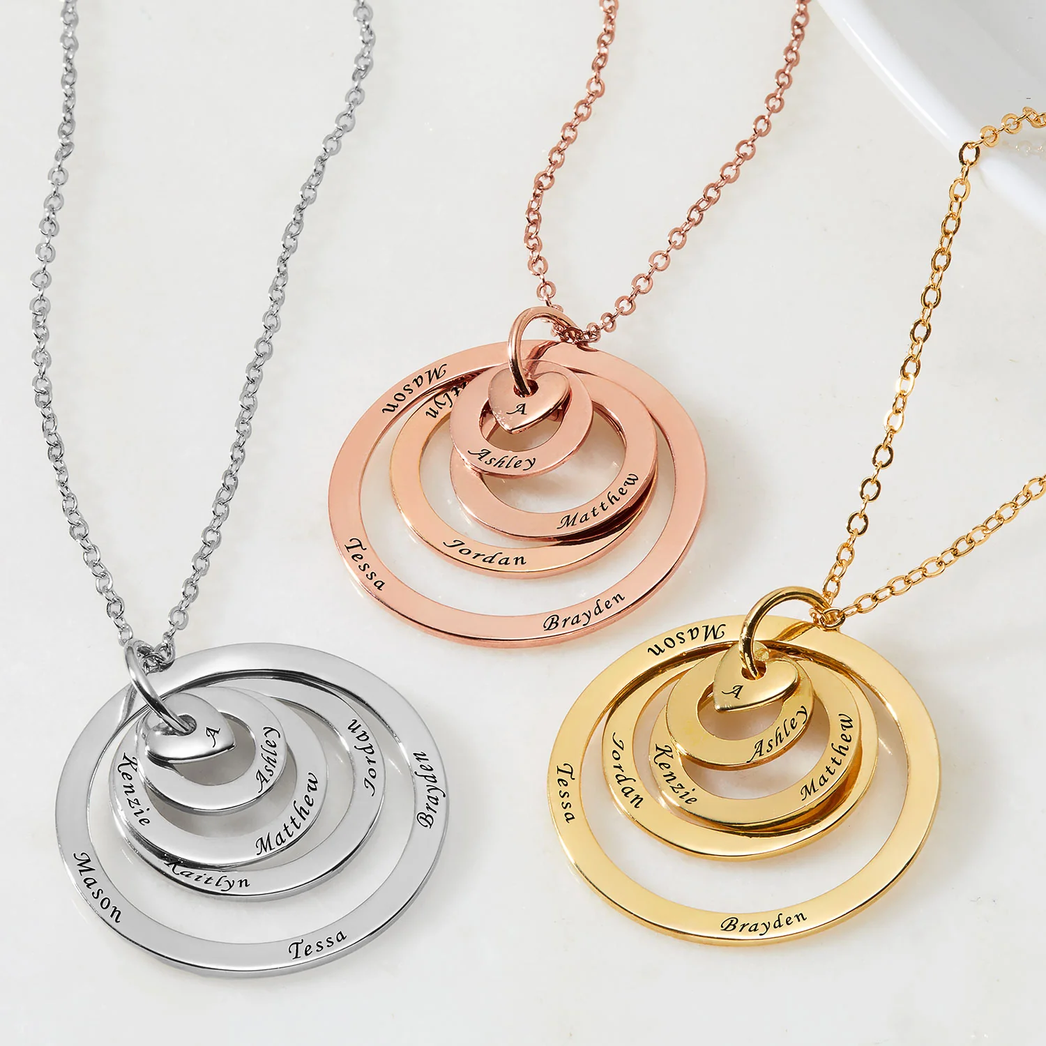 Engraved Concentric Circle Pendant with Heart Necklace