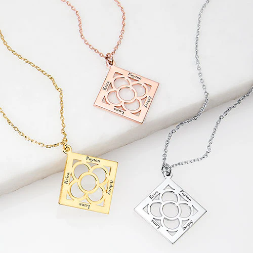 Engraved Diamond Shape with Flower Necklace