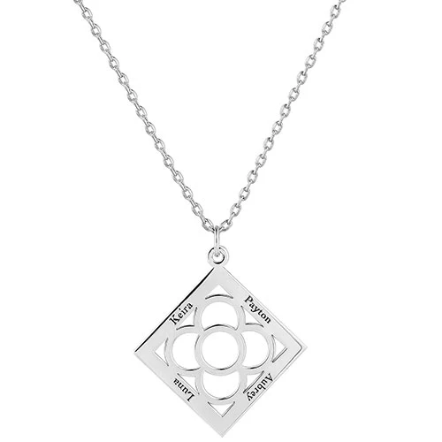 Engraved Diamond Shape with Flower Necklace - Image 2