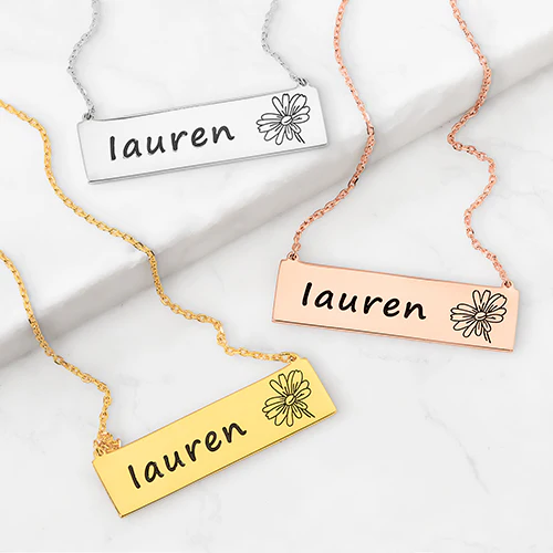 Engraved Name and Birthflower Bar Necklace