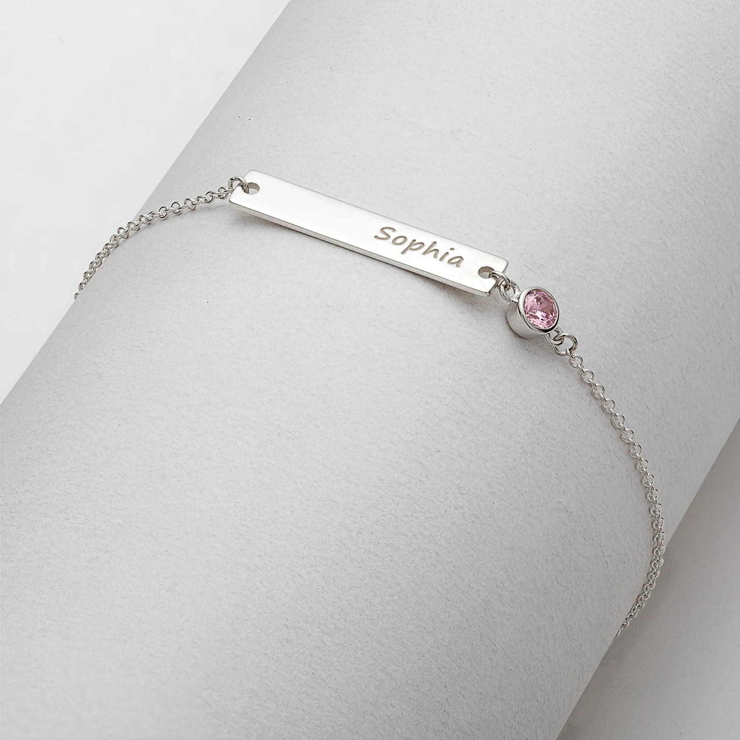 Sterling Silver Engraved Name Bar /Birthstone Adjustable Bracelet - Image 2