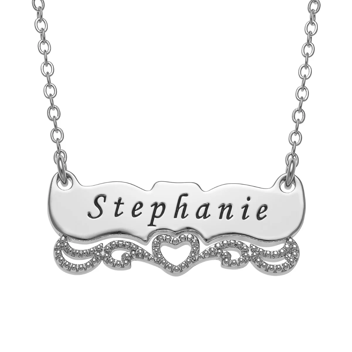 Engraved Name with Heart Scroll Plaque Necklace