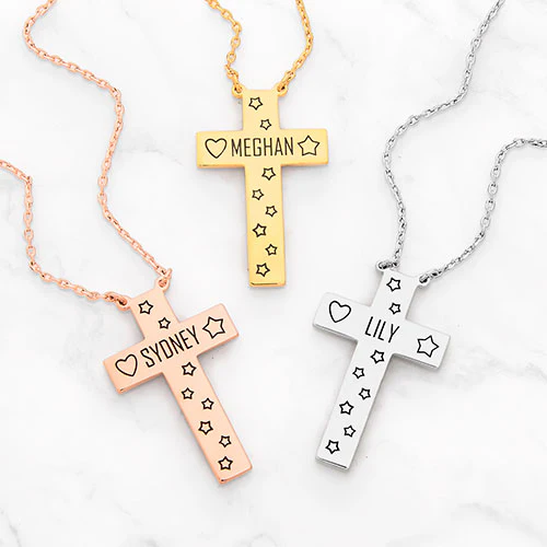 Engraved Name with Stars and Heart Cross Necklace