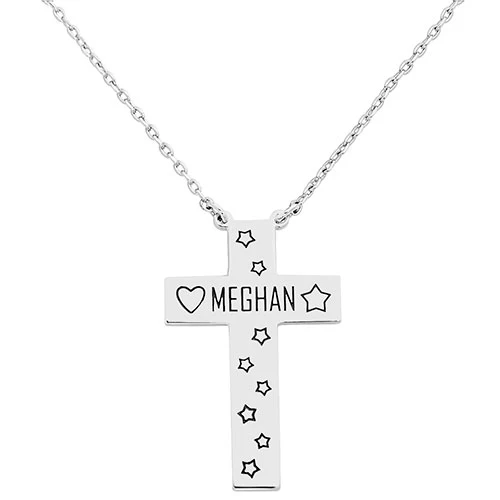 Engraved Name with Stars and Heart Cross Necklace - Image 2