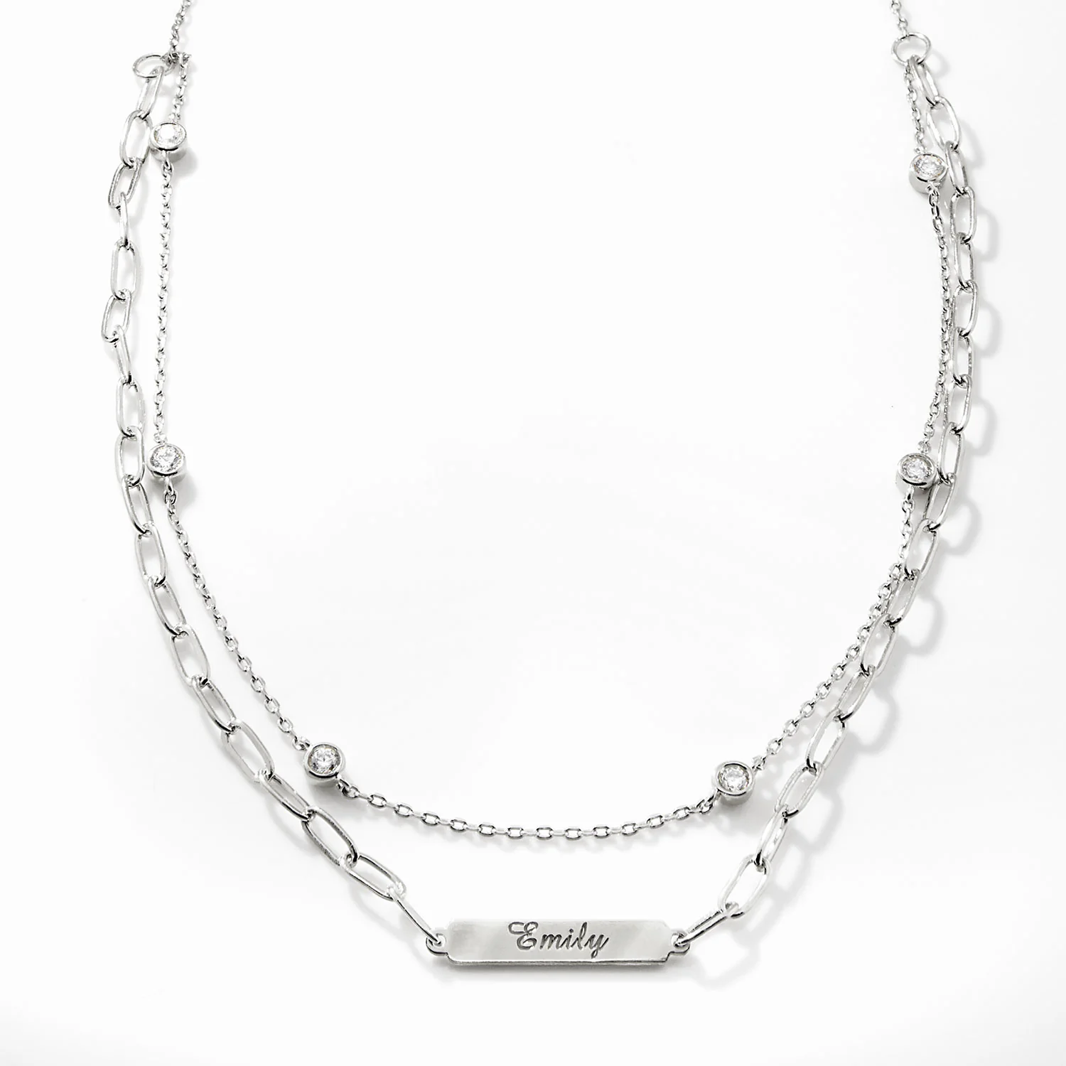 Engraved Plaque and CZ Station Layered Multichain Necklace